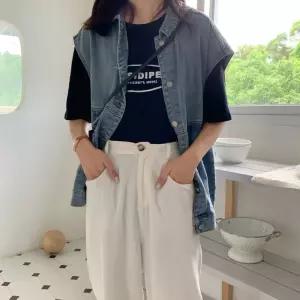 여자 2컬러 심플 루즈핏 사계절 데님 베스트 청조끼