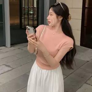 포인트 무드 백 반팔 여리 슬림 여자 니트 트렌디 티셔츠 레이스티 레이스 스타일 리본