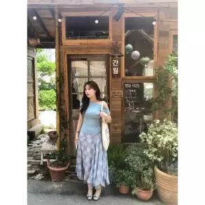 원픽 여성 여름 체크 쉬폰 스커트 A라인 롱
