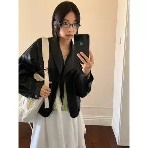 원더맨 여성 조춘 넥타이 가죽 코트 쇼트 점퍼 톱