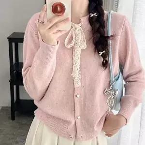 데일리룩 하트버튼 레이스 리본포인트 니트 카디건 긴팔 하객룩