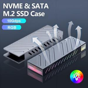M.2 SATA NVMe 외장 케이스 10Gbps RGB SSD 타입 C USB3.1 하드 드라이브 어댑터 2230 2242 저장 박스 PC용