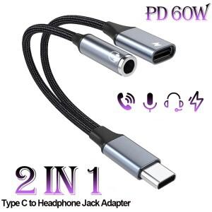 2in 1 USB C - 3.5mm 헤드폰 및 충전 어댑터 PD 3.0 포트 Aux 오디오 잭 고속 동글 케이블