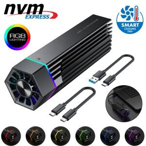 냉각 팬이 포함된 M2 케이스 RGB SSD 박스 NVMe 인클로저 PCI-E - M Key/B 2280/2260/2242/2230용 USB3.1 G