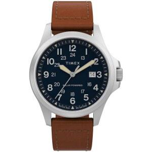 Timex 남성용 익스페디션 노스 필드 포스트 솔라 41mm 시계, 브라운/블루., 태양열 가죽 스트랩 시계