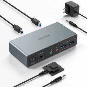 유니텍 KVM 스위치 2 모니터 컴퓨터 4K@60Hz HDMI + 디스플레이포트 듀얼 3 USB 포트 공유 키보드 마우스 하드 드라이브 마이크 헤드셋 USB-B 케이블 DC 5V 어댑터 컨트롤러
