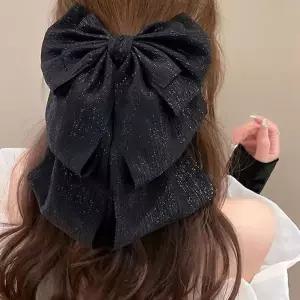 쉬폰 펄 3단 블랙 리본 헤어 집게핀 X2개 예쁜 머리핀 05479
