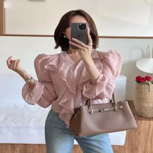 [다바걸]핑퐁도트프릴블라우스