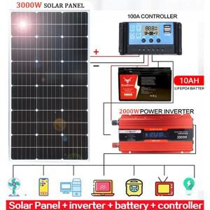 3000W 리지드 태양광 패널 18V 단결정 키트 110V 220V 인버터 10Ah LFP 배터리 가정용 자동차용 전지