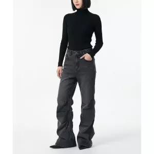 PRENDA SHIRRING BOOTS CUT DENIM PANTS BLACK