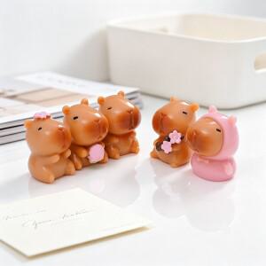 5pcs 귀여운 봄 비옷 카피바라 그림 미니 인형 데스크탑 장식 모델 정원 홈 액세서리