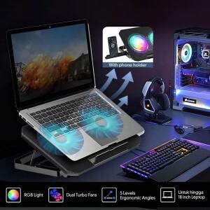두개의 팬이 있는 RGB 노트북 쿨러, 휴대폰 거치대 포함, 대형 쿨링 패드 스탠드, 7단계 조절 가능한 베이