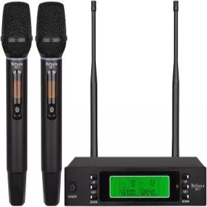 충전식 듀얼 무선 마이크 시스템 노래 DJ 교회 노래방 휴대용 보컬 다이내믹 UHF 2X100 채널 금속 장거리