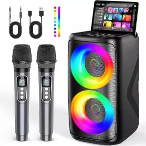 휴대용 노래방 기기 LED 조명 블루투스 스피커 마이크 2개 포함 파티 생일 선물 홈 시스템 패키지 TWS/TF