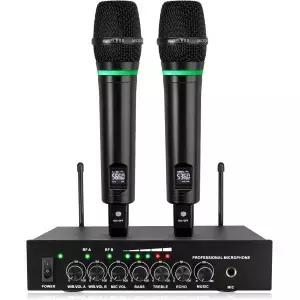 LiNKFOR UHF 휴대용 충전식 마이크 시스템 블루투스 탑재 전 금속 듀얼 무선 MIC RCA 입출력 노래방 기기