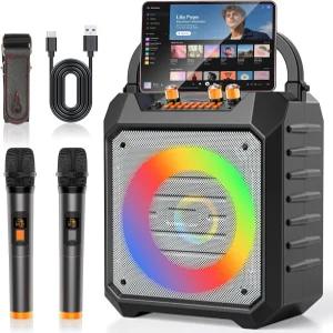 VICTRESS BT 노래방 기기 2개의 마이크 Fuller Sound-K168 화이트 충전식 4000mAh 휴대용 금속 노브 FM USB
