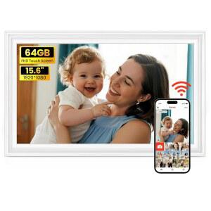 64GB FRAMEO 15.6인치 디지털 액자 대형 1920 X 1080 IPS FHD 터치 스크린 WIFI 전자 사진 어디서나 순간을 즉시 공유 부모님과 조부모님께 최고의 선물 화이트