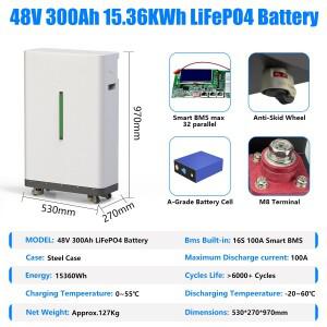 LiFePO4 48V 300AH 배터리 팩 51.2V 15KW 리튬 태양광 10000+ 사이클 16S BMS 포함 인버터용 (EU 재고)