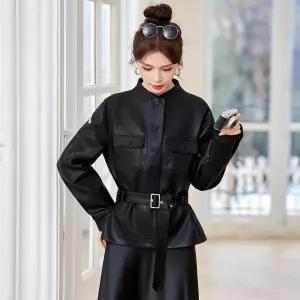 청수정 여성 블랙 가죽 코트 쇼트 봄 가을 슬림핏 벨트 재킷 KS