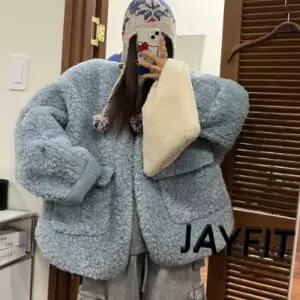 엘럽 여성 모조 양고기 모피 올인원 두꺼운 따뜻한 캐주얼 재킷 탑 뉴템