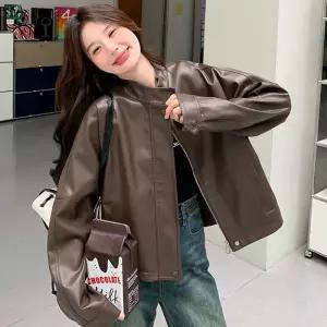 원픽 여성 브라운 가죽 재킷 코트 숏 라이더 빈티지