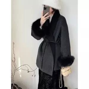 미비다 여성 코트 여우 모피 소매 양면 울 컬러 블록 페이스 ADOR