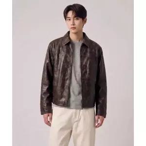 UNDEROFF 빈티지 스모키 신세틱 레더 자켓 브라운