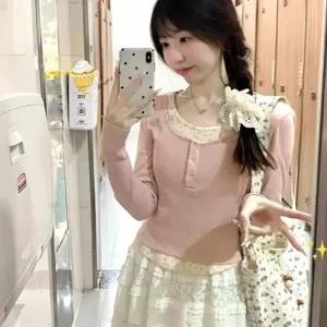 여자 플라워 레이어드 포인트 러블리 핑크 긴팔 티셔츠 레이스나시 스퀘어넥티 00AD8