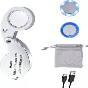 Thingogear 40X 충전식 보석용 루페 LED 및 UV 빛 포함 접이식 25mm 포켓 확대경 2가지 조명 모드 화폐