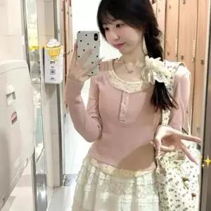 러블리 핑크 긴팔 포인트 레이어드 레이스 형광 여자 맨투맨 나시 플라워 티셔츠