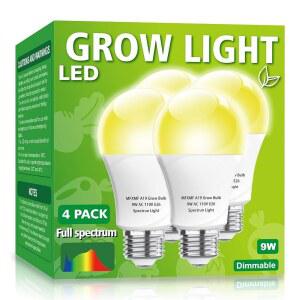 4개입 LED 성장등 전구 FULL SPECTRUM PLANT LIGHT BULB 9W REPLACE 100W | 120V E26 실내 식물 꽃 온실 인도르 정원 수경재배용 GROW