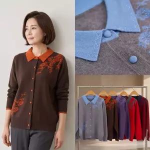 엄마옷 마미소 인따르시아 오픈 스웨터 배색 카라 단추 니트 간절기 할머니 빅사이즈 40 70 마담 중년 여성