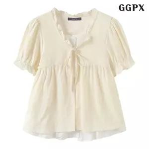 [백화점출고] 프릴넥 레이어드 배색 반팔 블라우스 (GQBBA088D)
