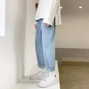 남성바지 데님팬츠 청바지 일자 9부 남자 고무줄 허벅돼 밴딩청바지