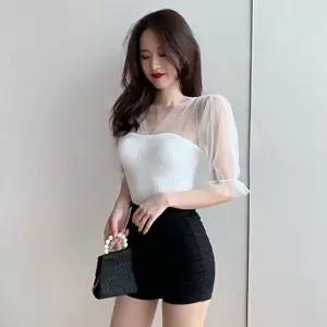 데일리룩 시스루 퍼프 반팔 니트 HH-B42