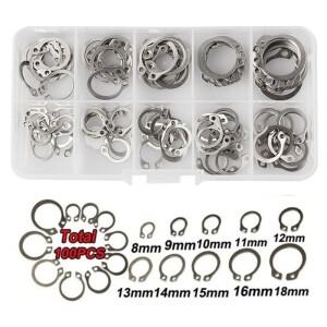 100pcs 304 스테인레스 스틸 8-18mm 샤프트 C  외부 서 클립 베어링 고정 스냅 링 와셔 구색 키트