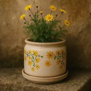 베하몰 모던 도기 화분 꽃무늬 16x16cm 원통형감성 인테리어 선물 선물용 심플한 한화분 예쁜