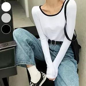 데일리룩 넥라인 긴팔티 배색 편한 기장 크롭한