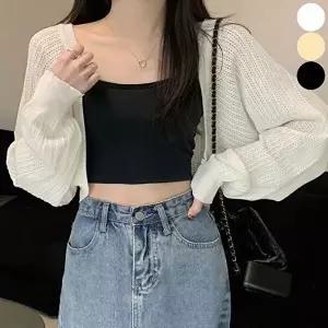 데일리룩 긴팔 펀칭 벌룬소매 가디건 여름 여자 얇은 볼레로 카디건