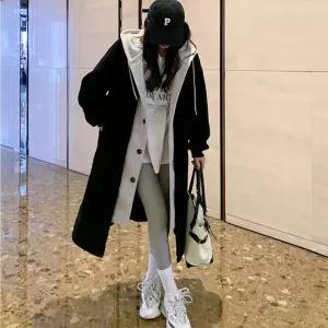 오버핏 양털 블랙 레이어드 후드 롱코트