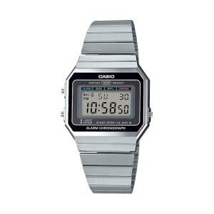 CASIO A700W-1A 빈티지 디지털 시계 남녀 공용 울트라 슬림 스테인리스 스틸 브레이슬릿 레트로 스퀘어 디스플레이 LED 백라이트 데일리 알람 스톱워치 방수 기능
