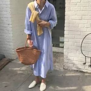 친절한탄씨 여성 스트라이프 셔츠 롱원피스 체형커버 남방 원피스 2색 여성원피스 여자롱원피스