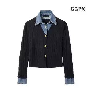 GGPX 정상가 69000원ㅣ카라넥 데님 배색 금장 버튼 케이블 긴팔 가디건 (GODCK009D)