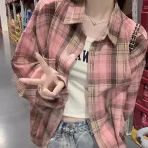 여성 기본 핑크 체크 무늬 셔츠 점퍼 아우터 루즈핏 JWFGSZLH