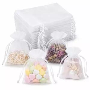 Hopttreely 화이트 오간자 메시 스트링 선물 가방 10.2x12cm 주얼리 파우치 50개