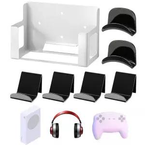 Wonderjune 벽걸이 마운트 Xbox Series S와 호환 4개 컨트롤러 홀더 포함 두 개 헤드폰 거치대 금속 스탠드