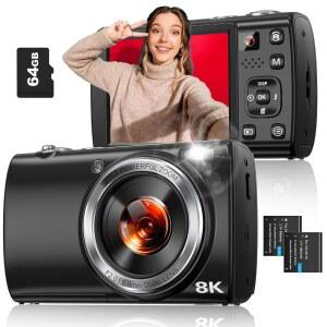 사진 촬영용 8K 디지털 카메라 WIFI 지원 전후면 렌즈(블랙) | 88MP 자동 초점 터치 스크린 16배 줌 플래시 YOUTUBE 및 여행용 브이로깅 64GB 카드 배터리 2개