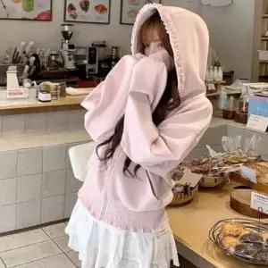 [하프클럽/]프릴 디테일 핑크 흐 집업 JSCd0233 가디건 패딩 단추 흐집업 봄 집