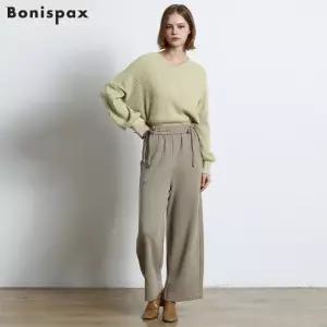 [보니스팍스(Bonispax)] 사이드 스트링 절개 와이드 밴딩 팬츠 (택가격 128000원)