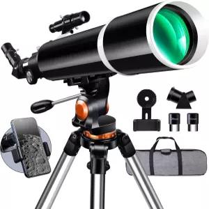 고출력 망원경 90mm 구경 FL ED 유리 금속 AZ 및 스테인리스 스틸 삼각대 하늘/땅용 고정 프리즘 전화